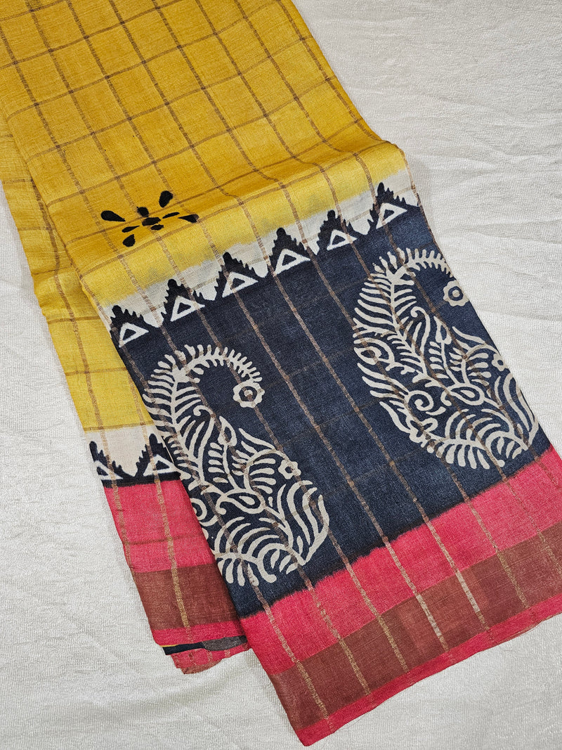 Pure Tussar Checks - Yellow with Red