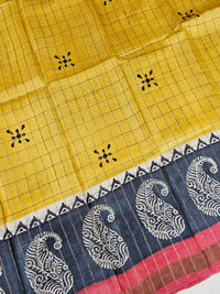 Pure Tussar Checks - Yellow with Red