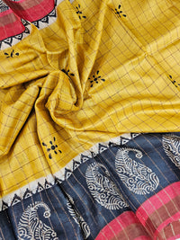 Pure Tussar Checks - Yellow with Red