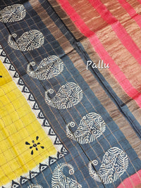 Pure Tussar Checks - Yellow with Red