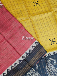 Pure Tussar Checks - Yellow with Red
