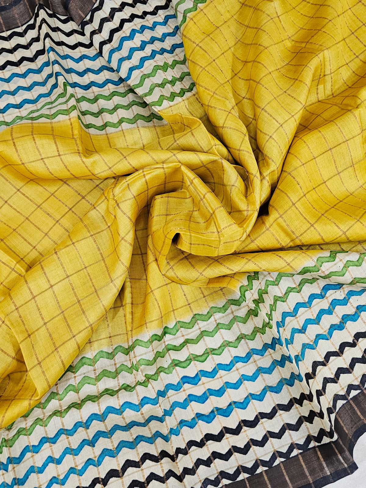 Pure Tussar Checks - Yellow with Multi Shade