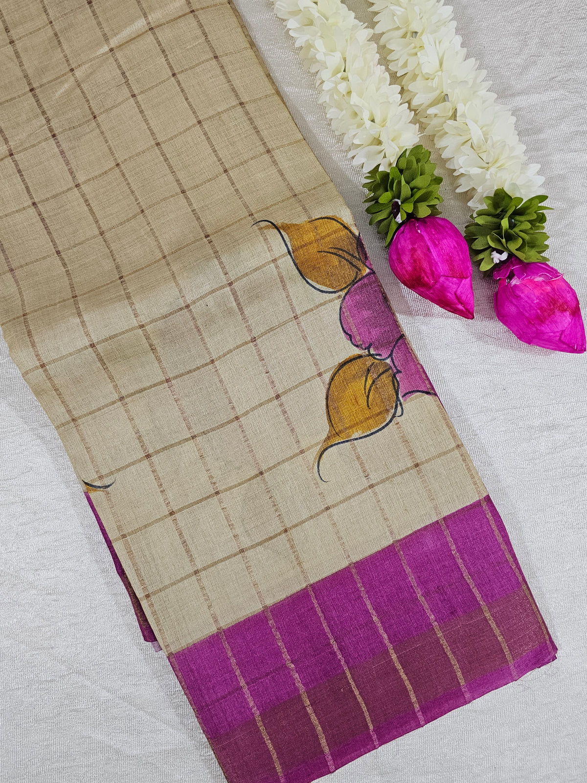 Pure Tussar Silk with Hand Paint - Tussar with Pink