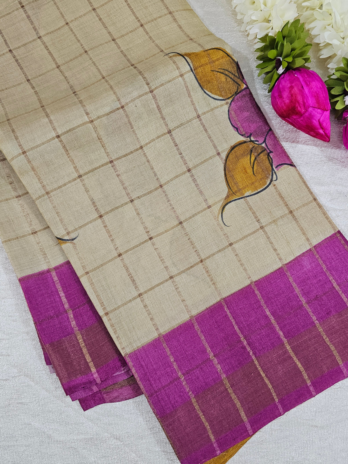 Pure Tussar Silk with Hand Paint - Tussar with Pink
