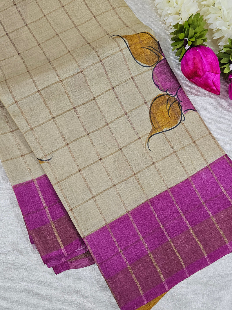 Pure Tussar Silk with Hand Paint - Tussar with Pink