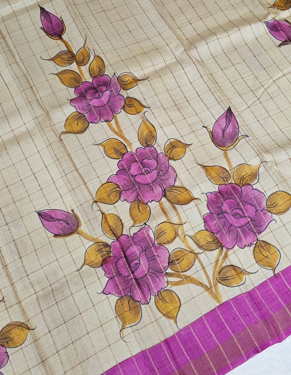 Pure Tussar Silk with Hand Paint - Tussar with Pink