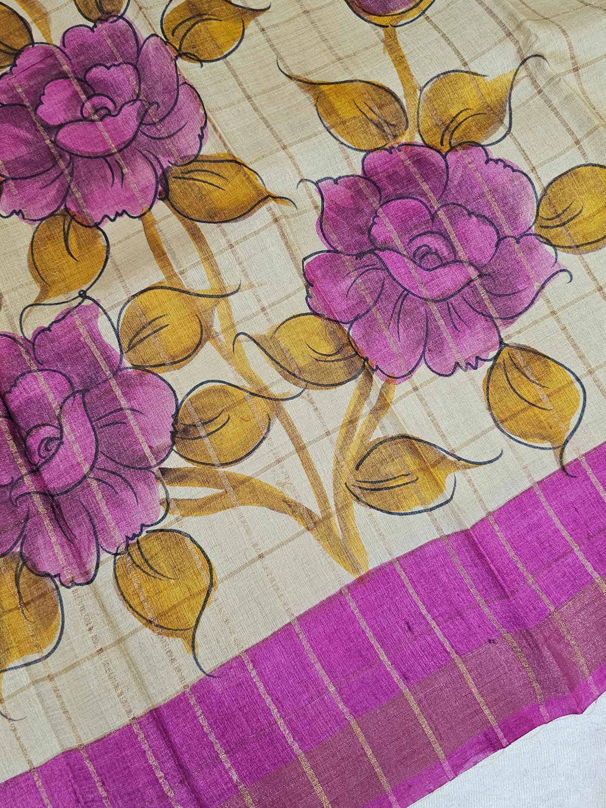 Pure Tussar Silk with Hand Paint - Tussar with Pink