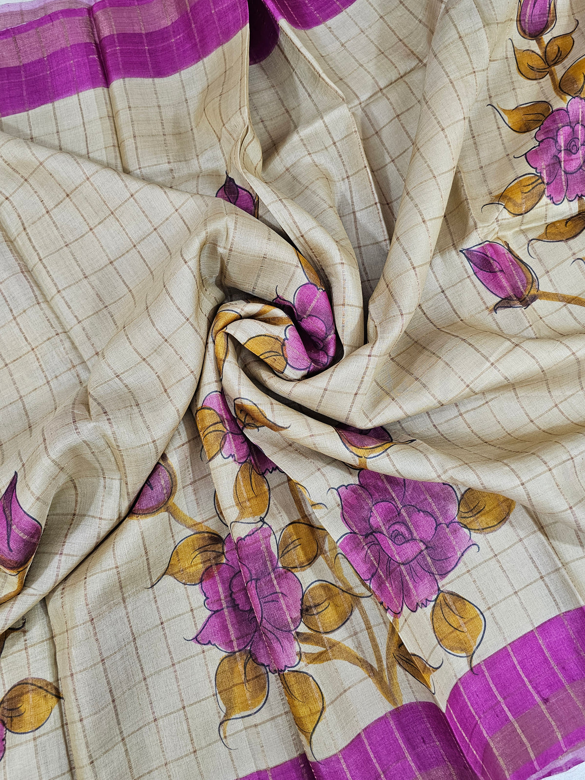 Pure Tussar Silk with Hand Paint - Tussar with Pink