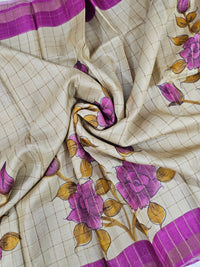 Pure Tussar Silk with Hand Paint - Tussar with Pink