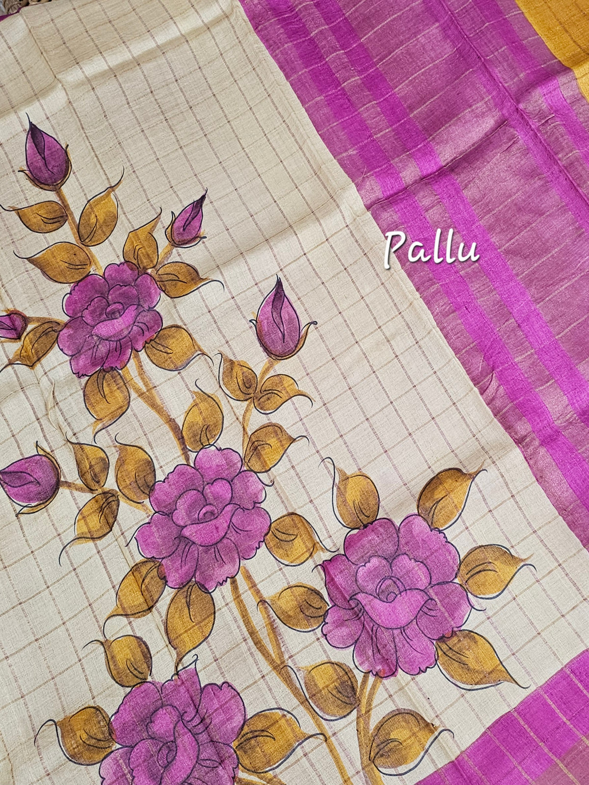 Pure Tussar Silk with Hand Paint - Tussar with Pink
