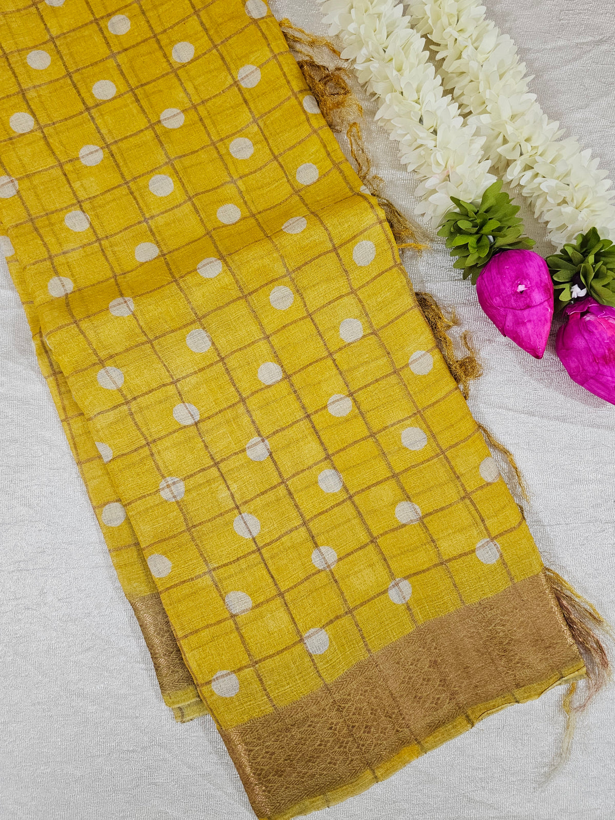 Pure Tussar Check with Kachi Border - Yellow with Multi Shade