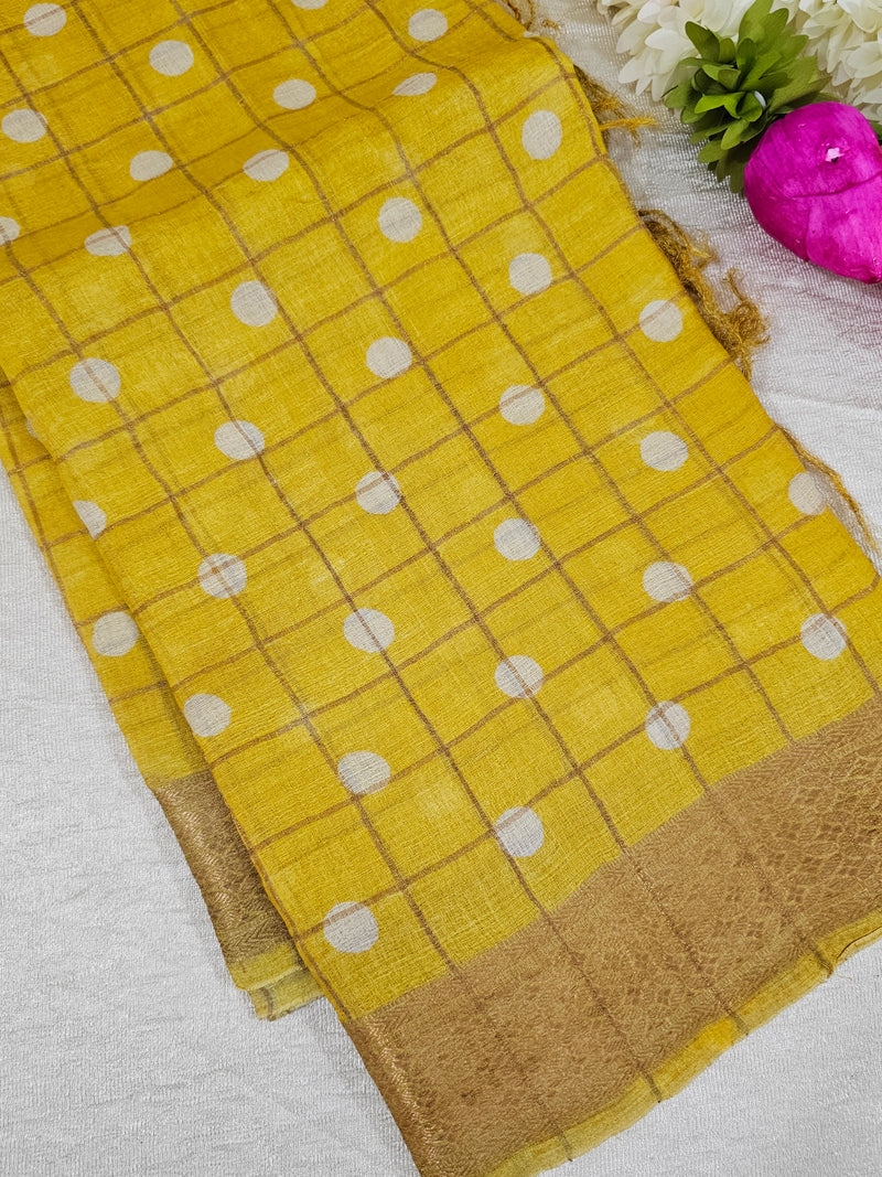 Pure Tussar Check with Kachi Border - Yellow with Multi Shade