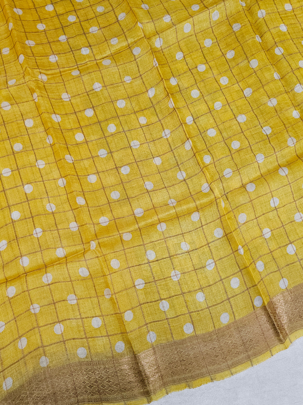 Pure Tussar Check with Kachi Border - Yellow with Multi Shade