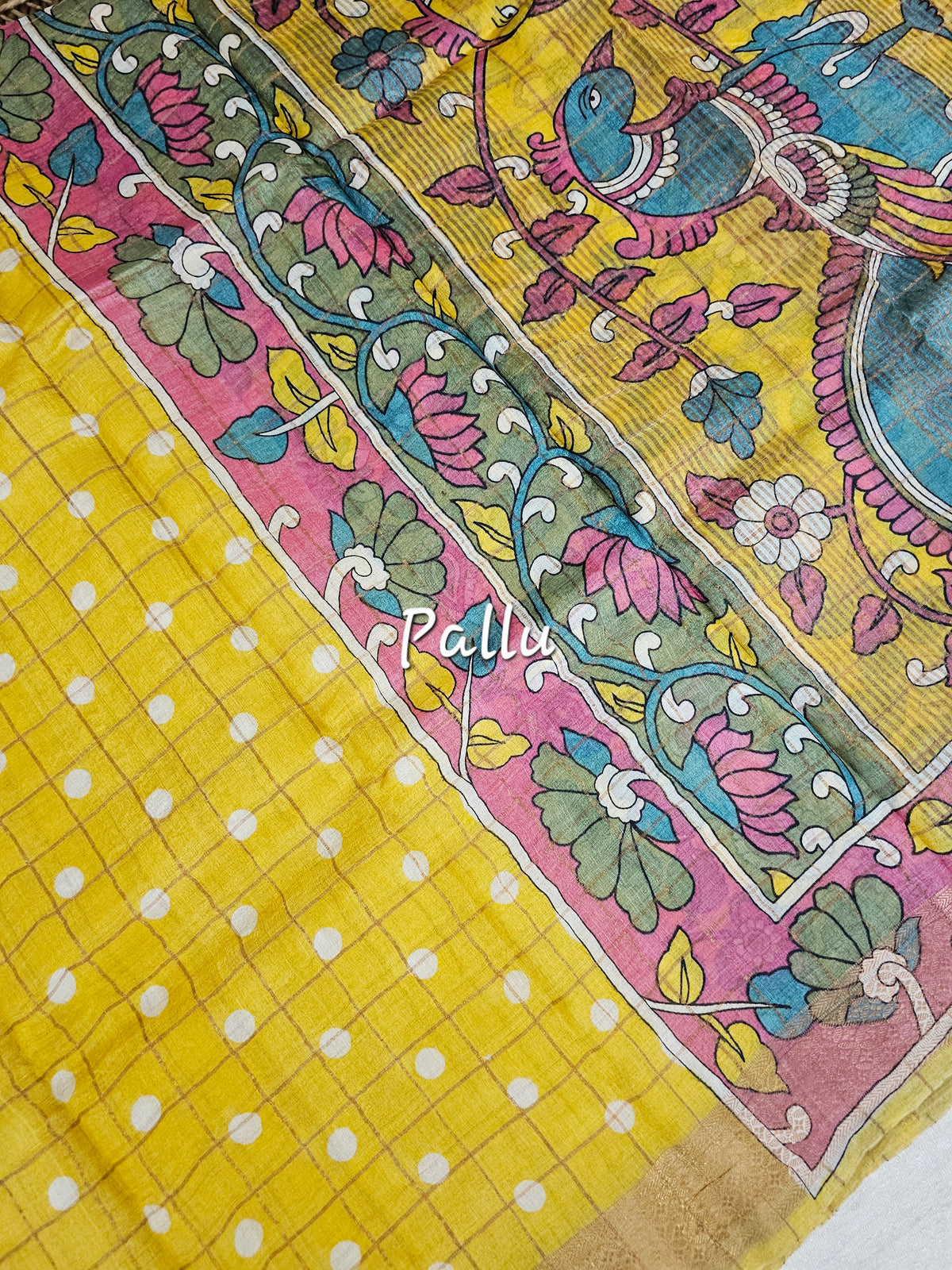 Pure Tussar Check with Kachi Border - Yellow with Multi Shade
