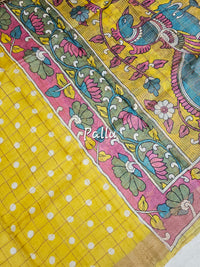 Pure Tussar Check with Kachi Border - Yellow with Multi Shade