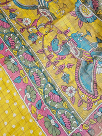Pure Tussar Check with Kachi Border - Yellow with Multi Shade