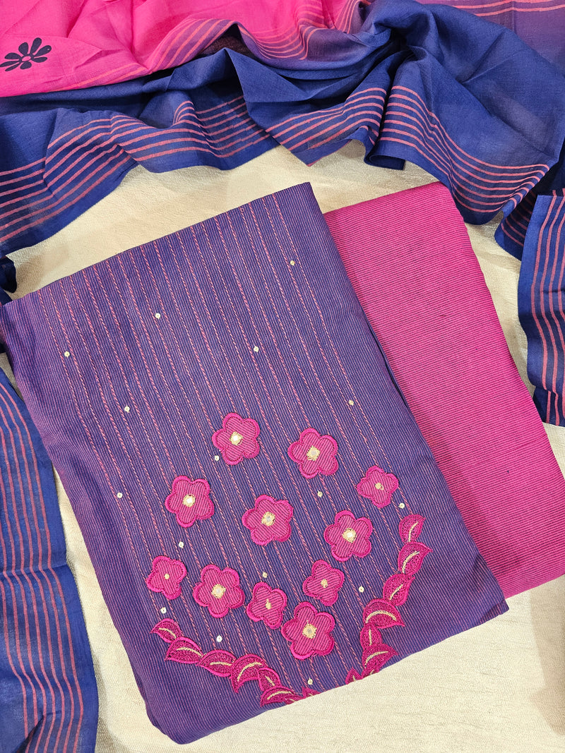 Soft Cotton Unstitched Salwar Suit  - Pink and Purple