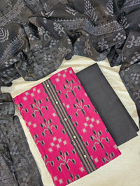 Cotton with Ikkat Weaving   - Dark Rani Pink with Black