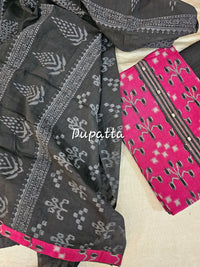 Cotton with Ikkat Weaving   - Dark Rani Pink with Black