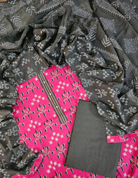 Cotton with Ikkat Weaving   - Dark Rani Pink with Black