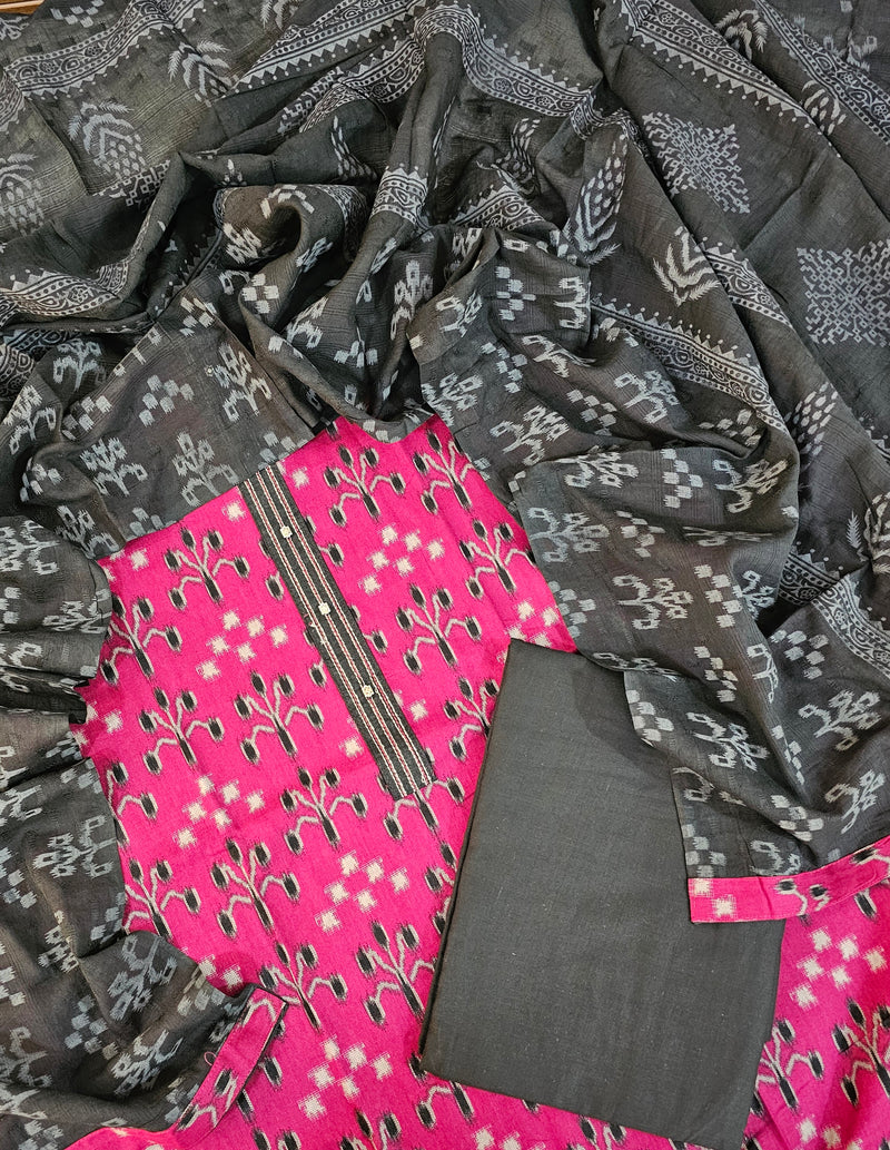 Cotton with Ikkat Weaving   - Dark Rani Pink with Black