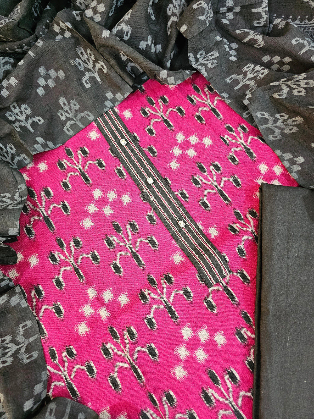 Cotton with Ikkat Weaving   - Dark Rani Pink with Black