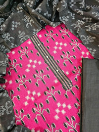 Cotton with Ikkat Weaving   - Dark Rani Pink with Black