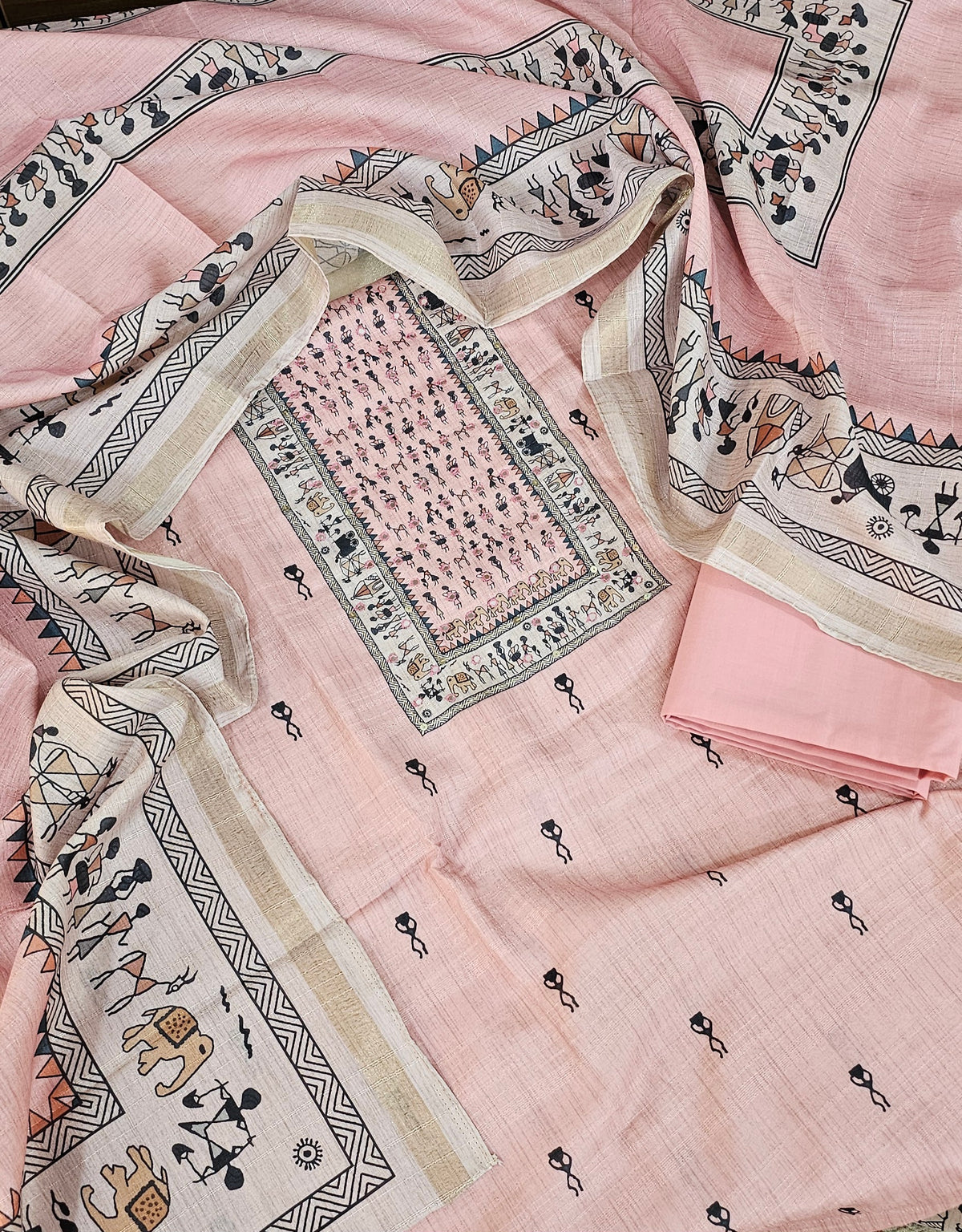 Semi Tussar Unstitched Salwar Suit  - Baby Pink