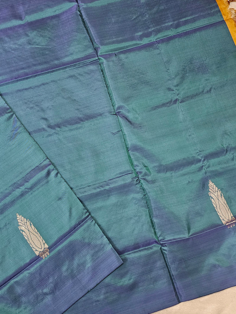 Chinnalampattu Saree - Dual Shade Peacock Blue cum Green with Brown