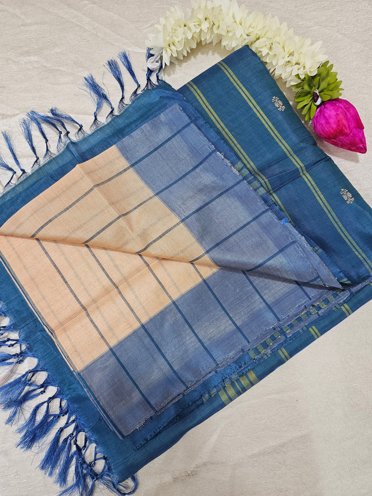 Chinnalampattu Saree - Pastel Peach with Peacock Blue