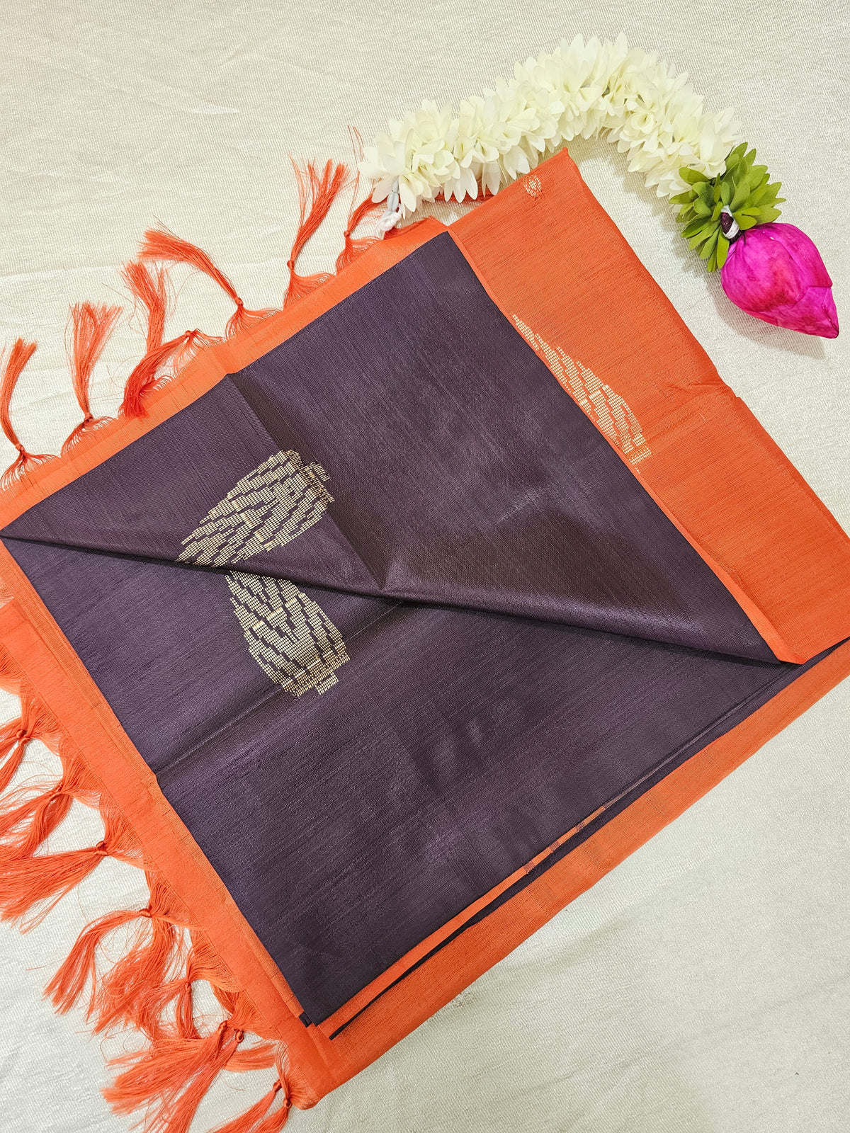 Chinnalampattu Saree - Dark Purple cum Brown with Orange