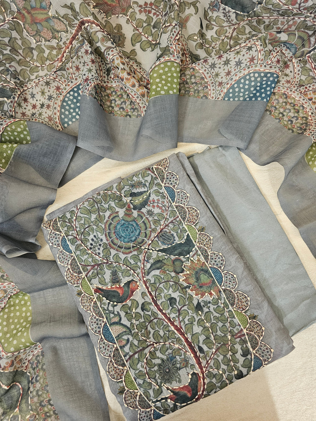 Linen with Kantha Unstitched Salwar - Grey