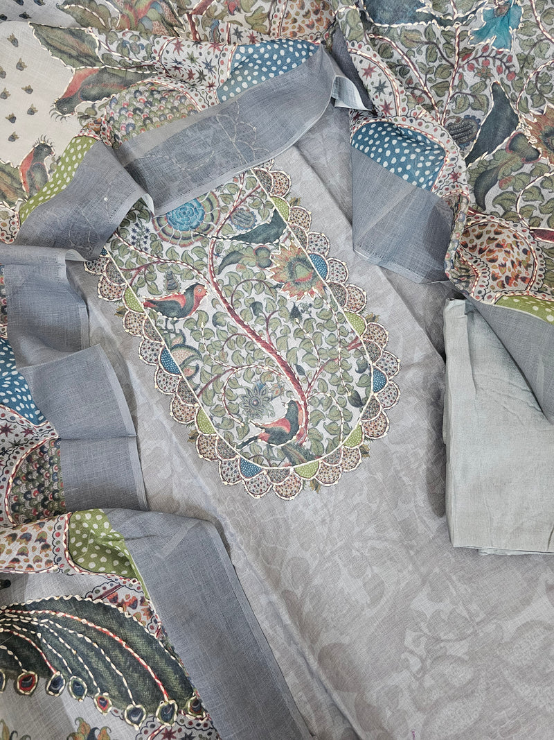 Linen with Kantha Unstitched Salwar - Grey