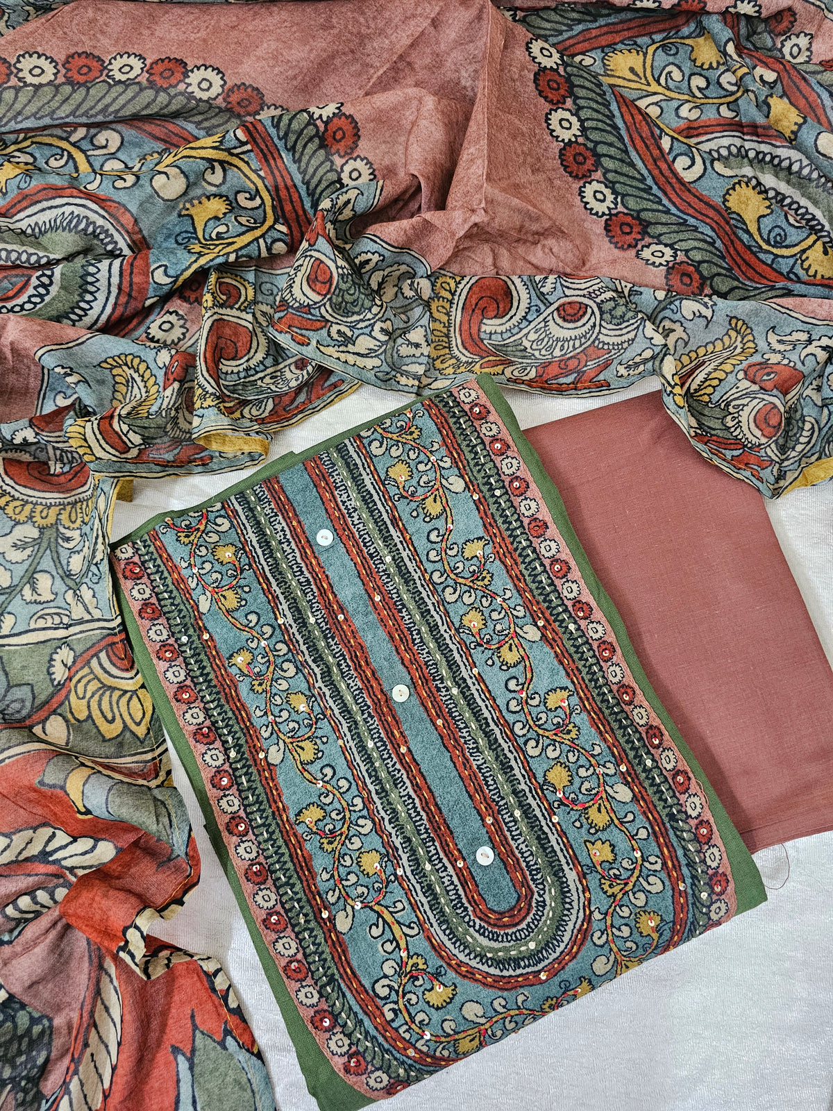 Cotton Unstitched Salwar Suit  - Green with Dark Onion Pink