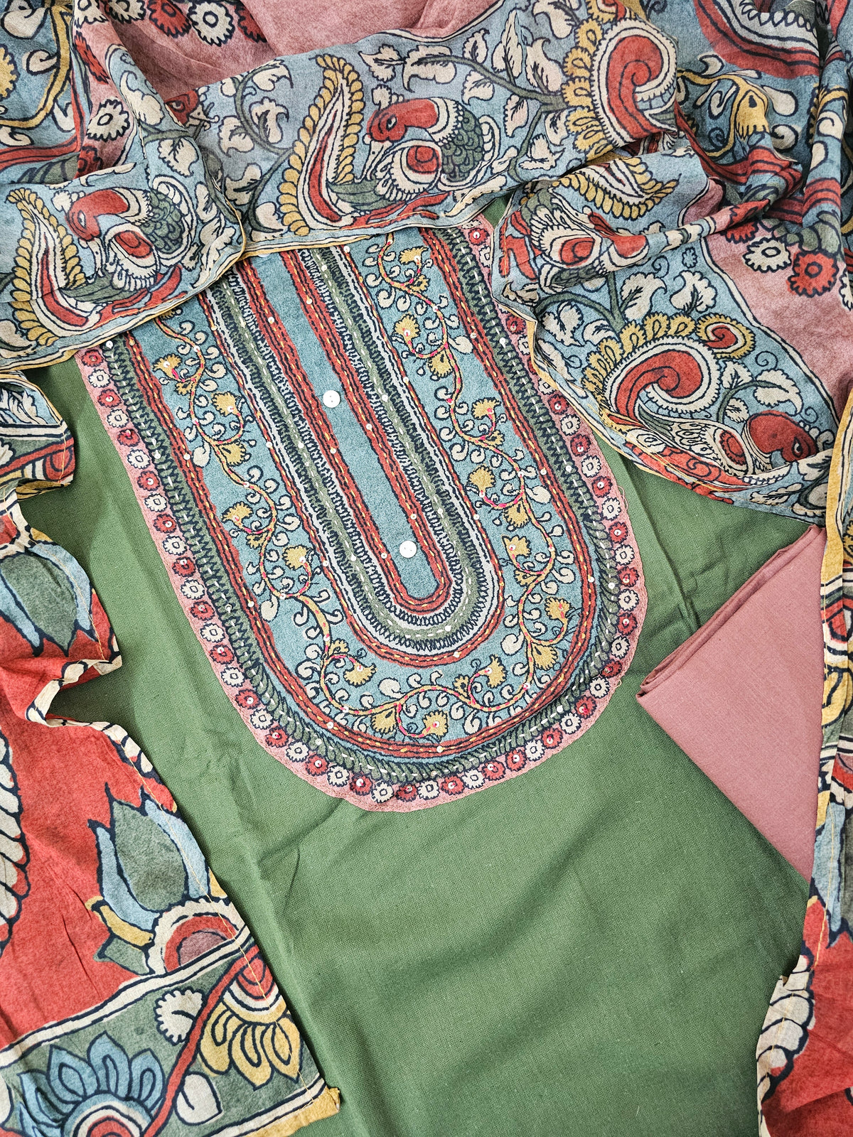 Cotton Unstitched Salwar Suit  - Green with Dark Onion Pink