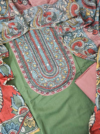 Cotton Unstitched Salwar Suit  - Green with Dark Onion Pink