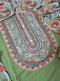 Cotton Unstitched Salwar Suit  - Green with Dark Onion Pink