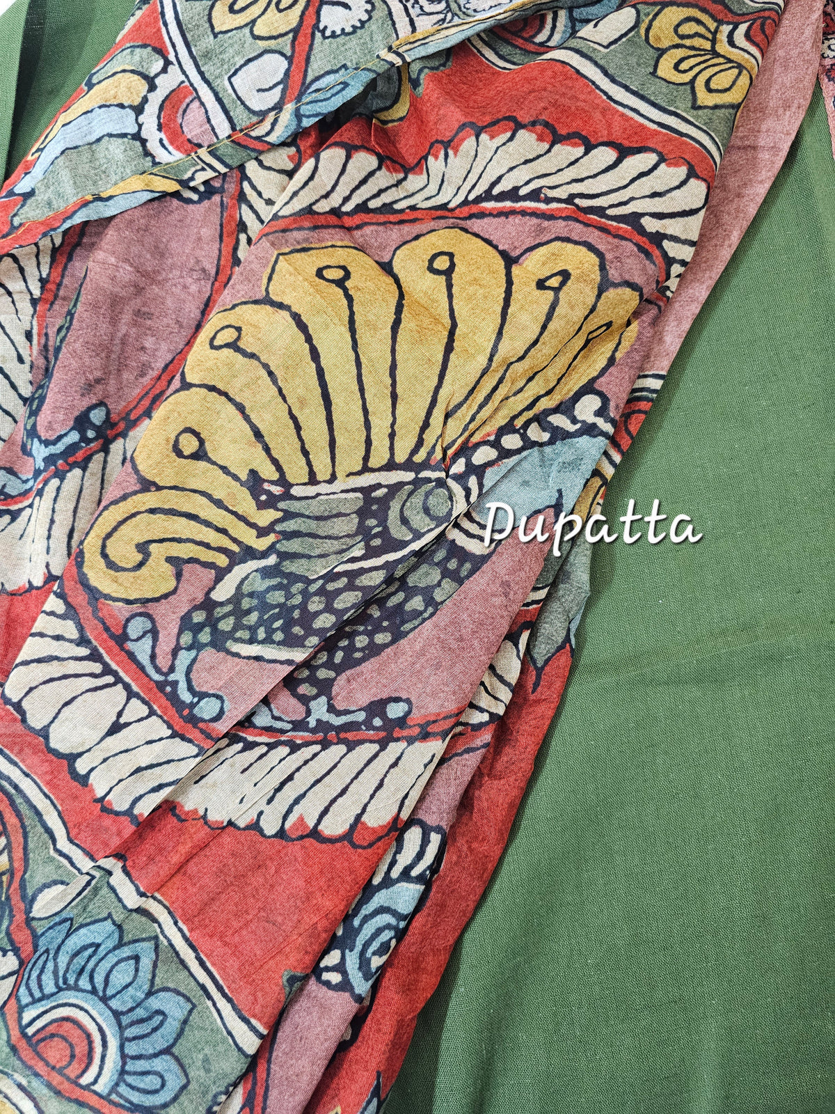 Cotton Unstitched Salwar Suit  - Green with Dark Onion Pink