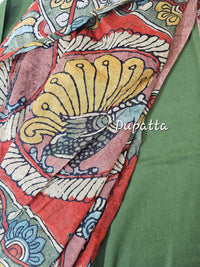 Cotton Unstitched Salwar Suit  - Green with Dark Onion Pink