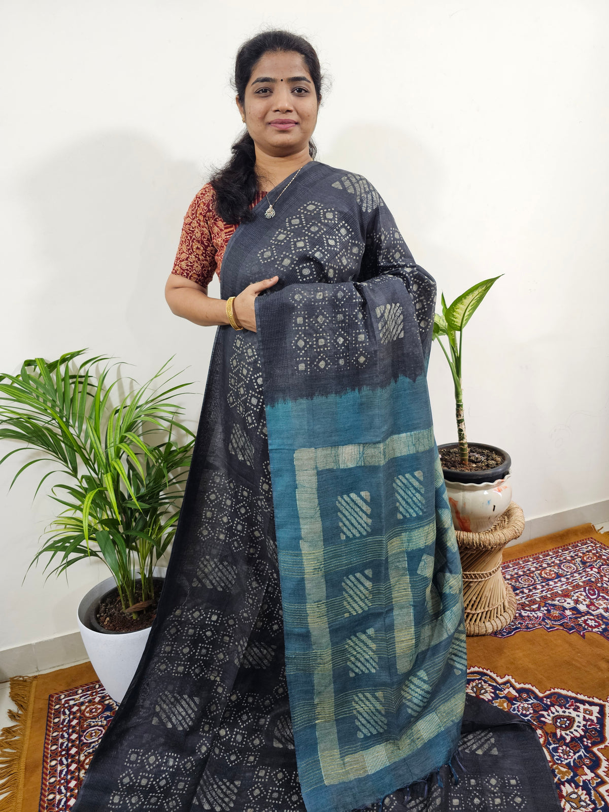 Bhagalpuri with Batik Print - Grey with Dark Sea Green