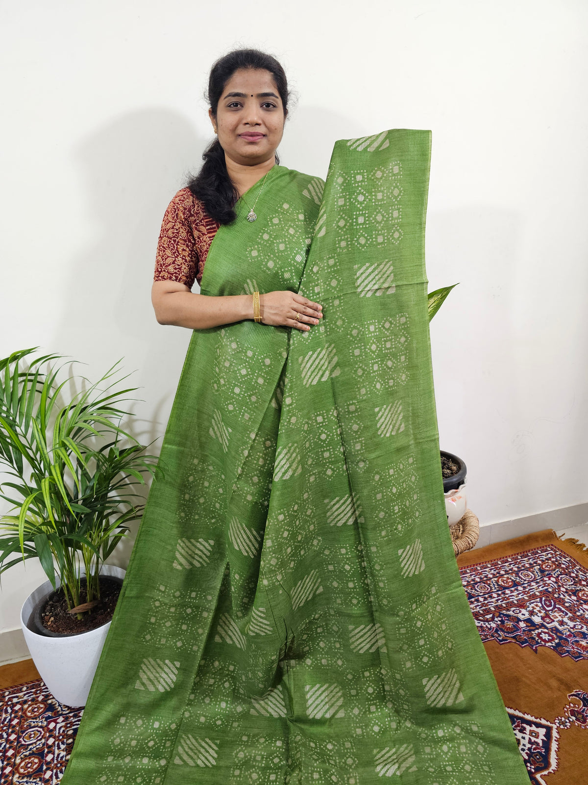 Bhagalpuri with Batik Print - Green With Grey