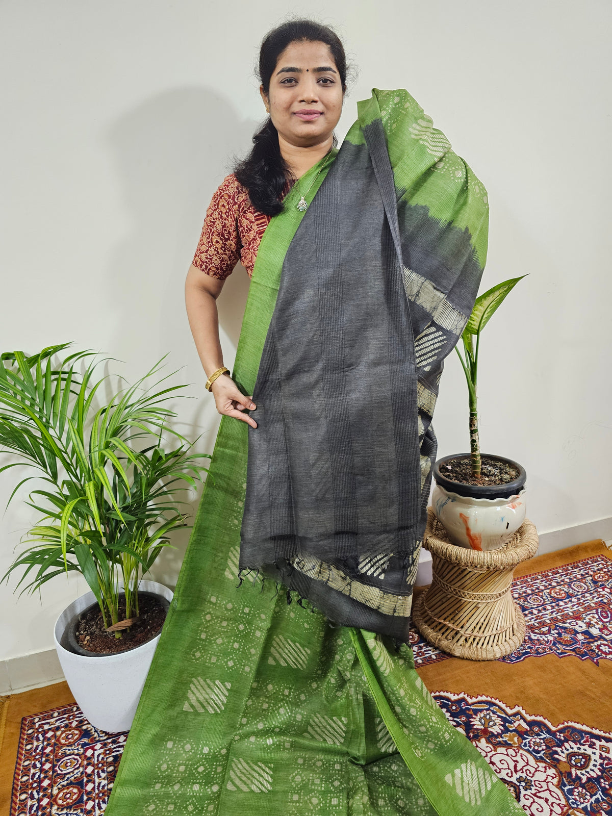 Bhagalpuri with Batik Print - Green With Grey