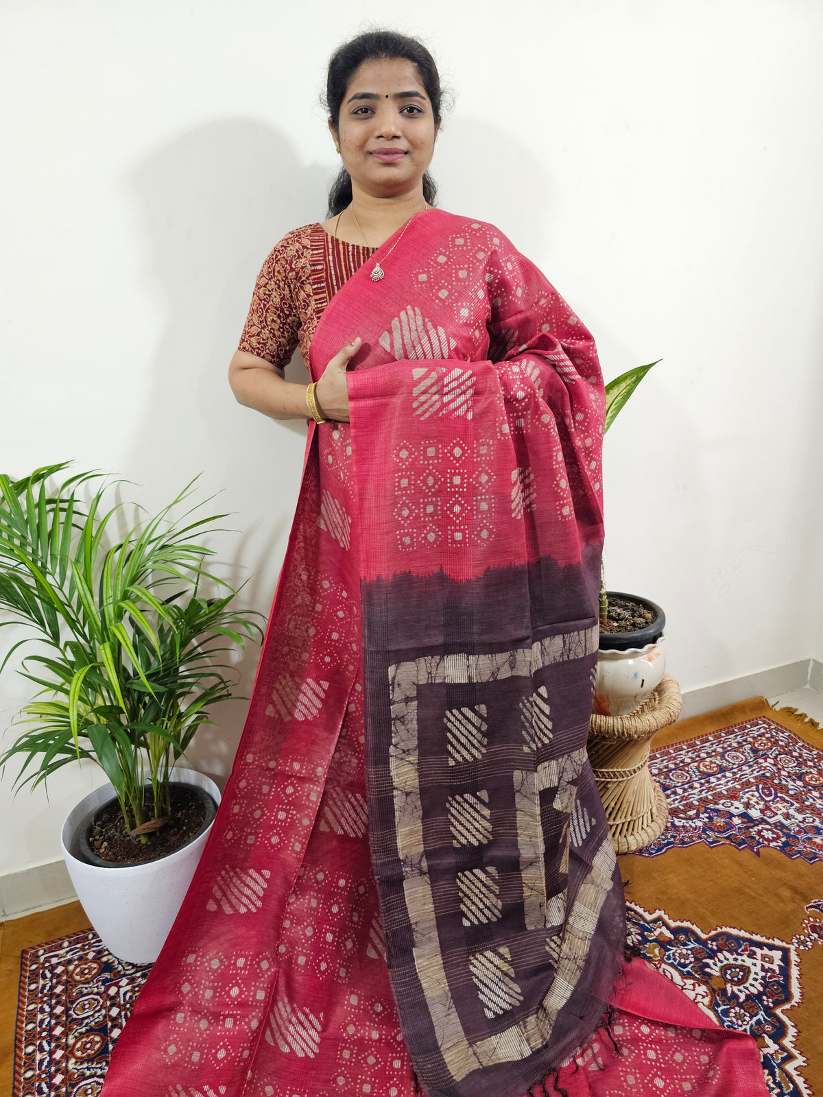 Bhagalpuri with Batik Print - Pink with Brown
