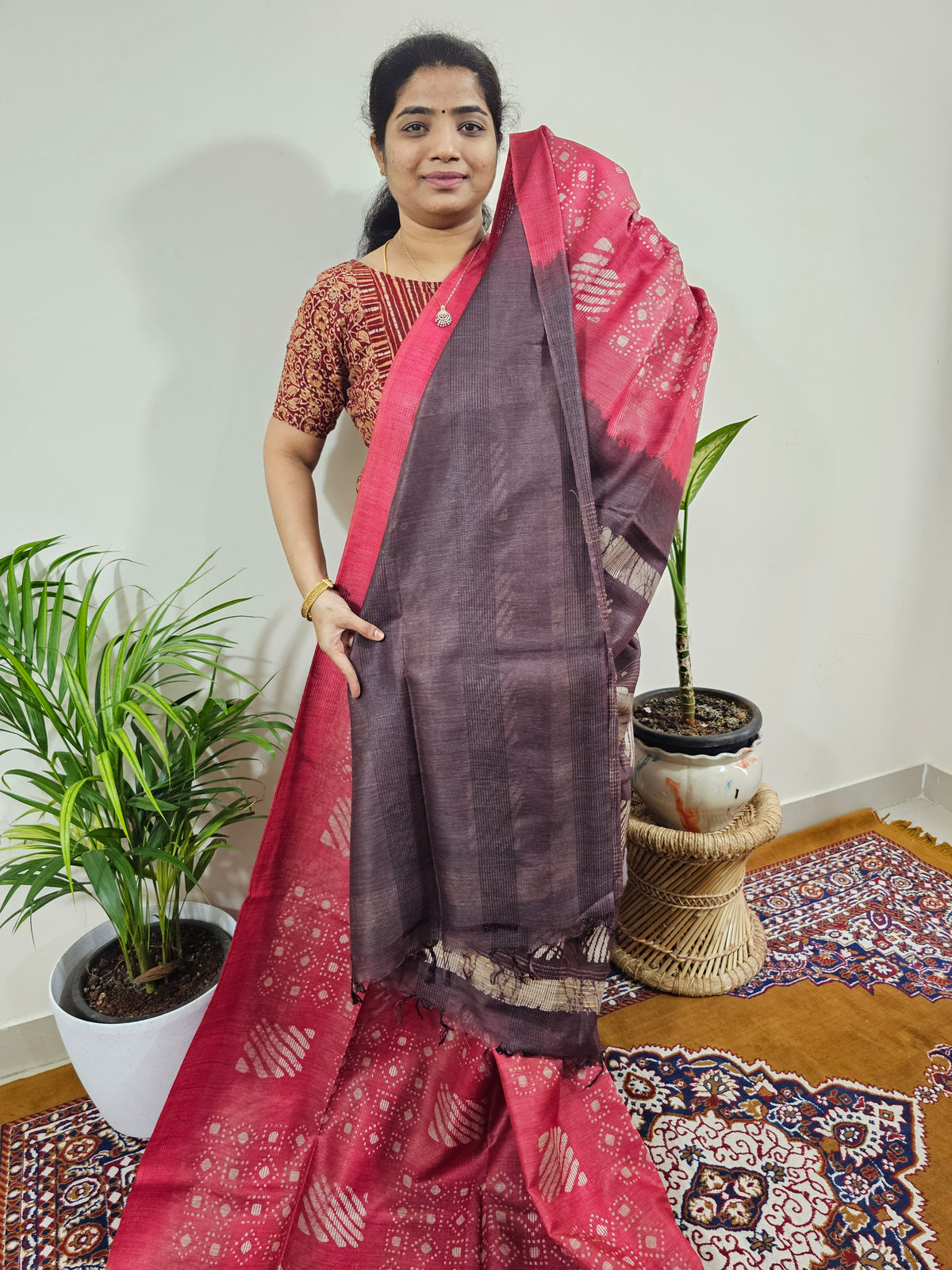 Bhagalpuri with Batik Print - Pink with Brown