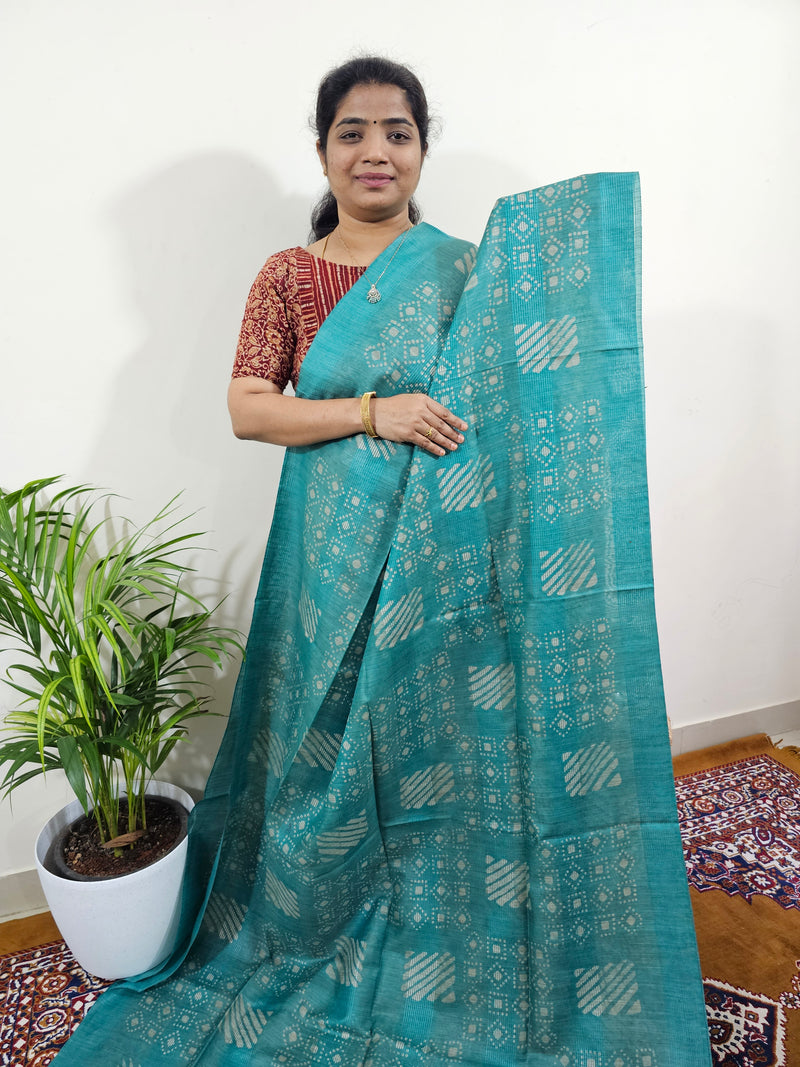 Bhagalpuri with Batik Print - Sea Green with Blue