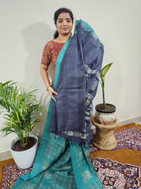 Bhagalpuri with Batik Print - Sea Green with Blue