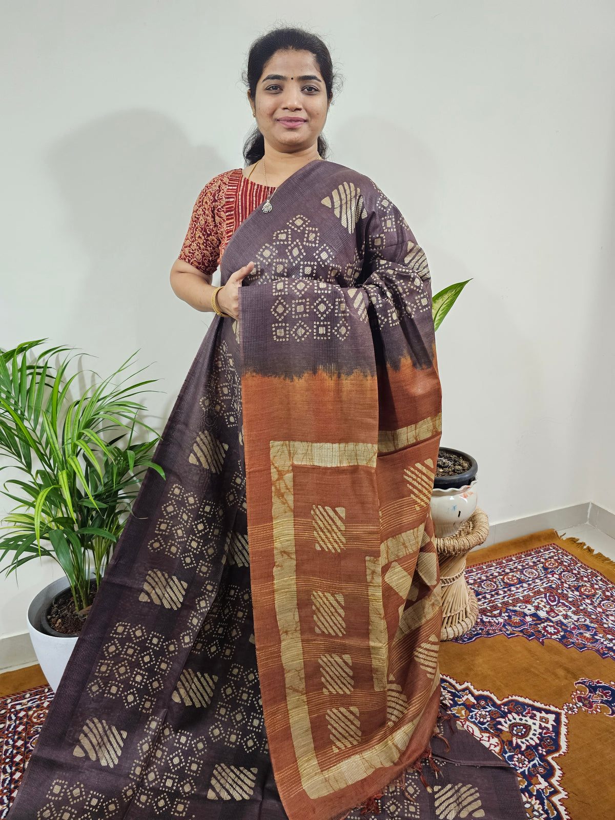 Bhagalpuri with Batik Print - Brown with Honey Brown