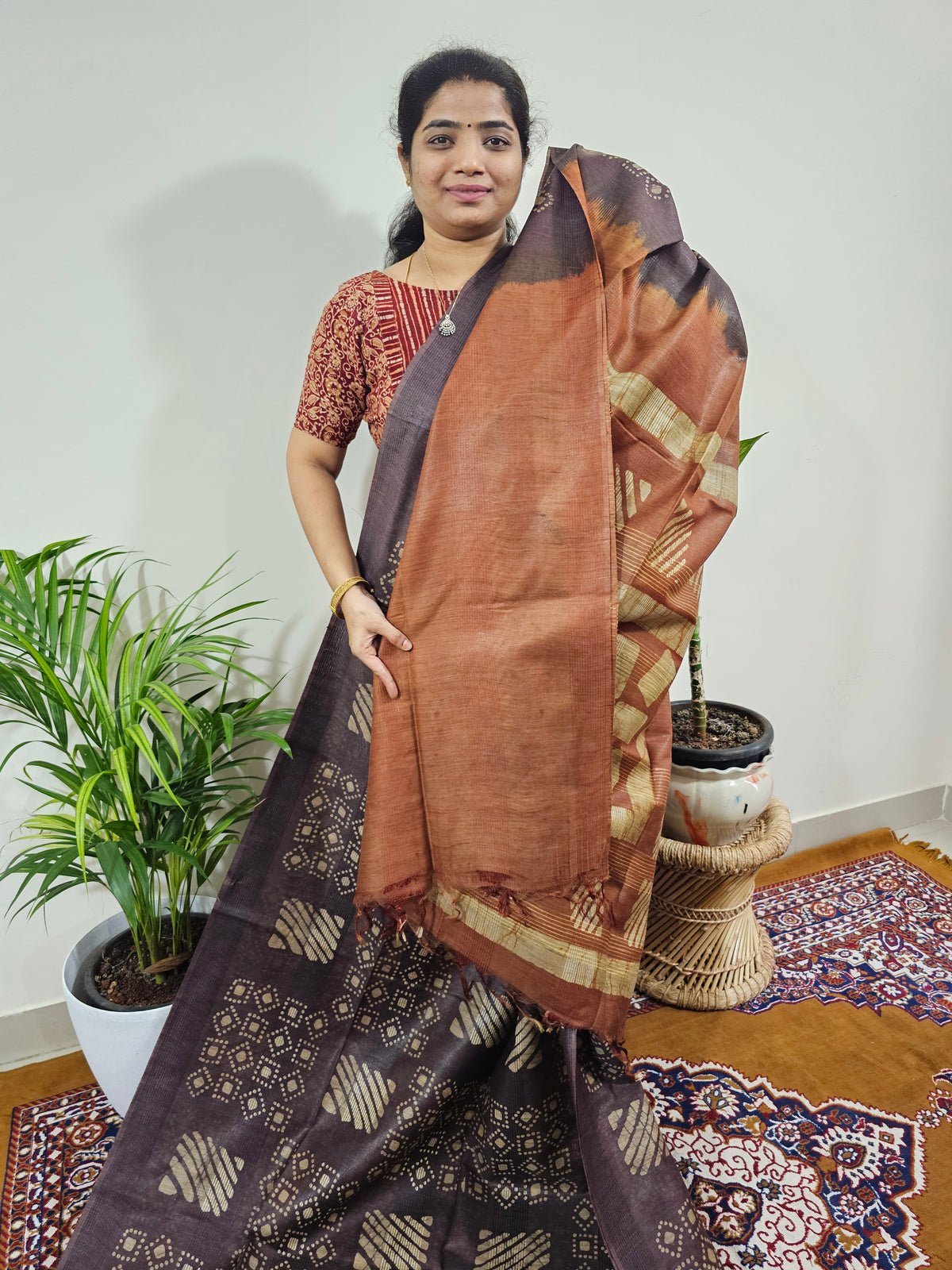 Bhagalpuri with Batik Print - Brown with Honey Brown
