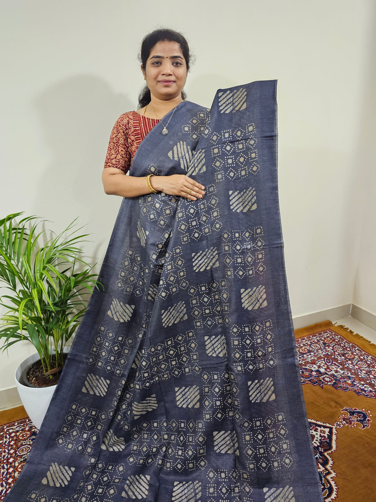 Bhagalpuri with Batik Print - Blue with Red