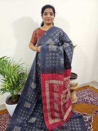 Bhagalpuri with Batik Print - Blue with Red